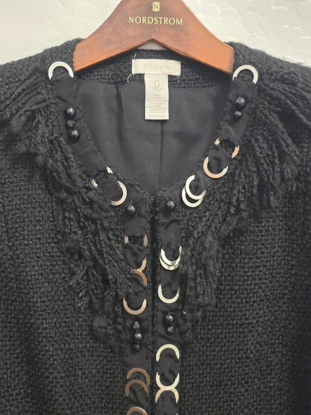 Chicos Size 0 Black Textured Prena Jacket With Beaded & Metal Ring - Picture 7 of 12